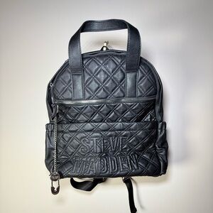 Steve Madden Black Quilted Backpack Logo Front Pocket Adjustable Straps
